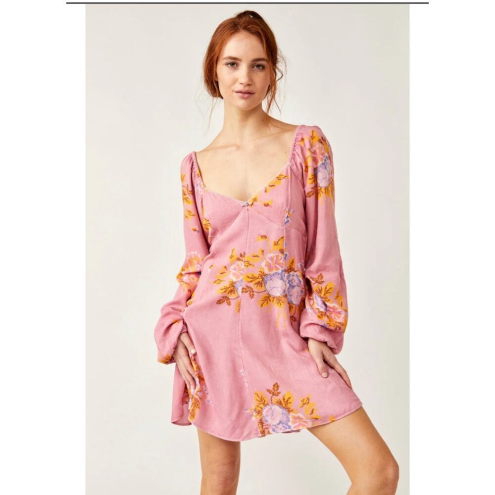 Free People Adella Floral Mini Dress Pink Rose Sz M Boho Cottagecore NWT